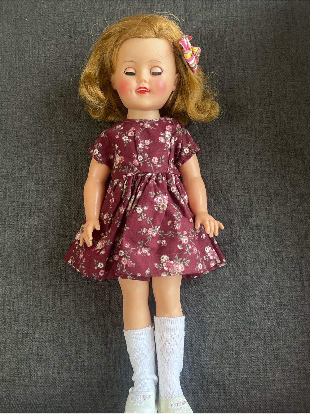 Vintage Shirley Temple Idea Girls' Doll in Burgundy Floral Dress 1960’s VT-15